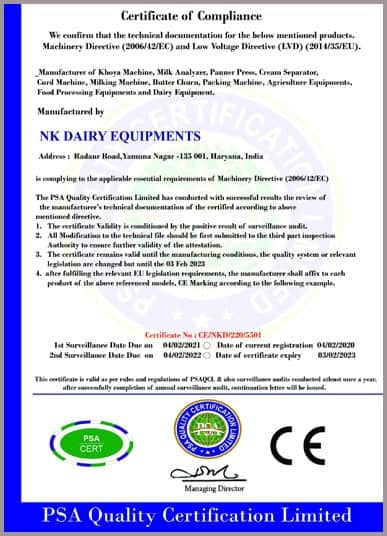 Quality Certification - NK Dairy Equipments